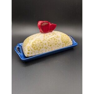 Pier 1 Blue Tan Butteryfly Floral Butter Dish